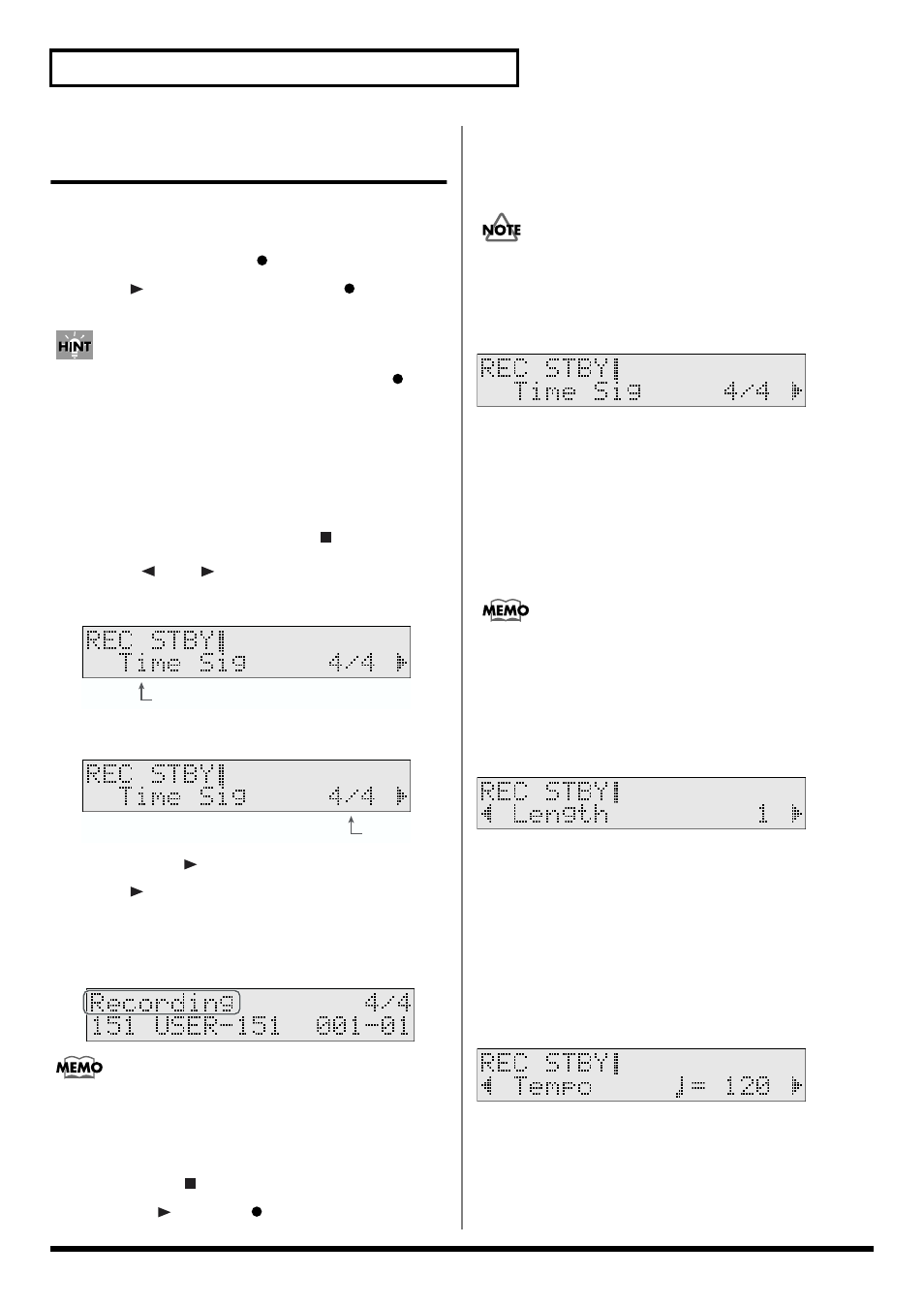 How to record (recording standby), Setting the time signature (time signature), Setting the number of measures (length) | Setting the song tempo (tempo), How to record, Recording standby), Recording standby; p. 94), Standby mode (p. 94), Record using the procedure described in “how, To record (recording standby)” (p. 94) | Roland TD-6 User Manual | Page 94 / 160