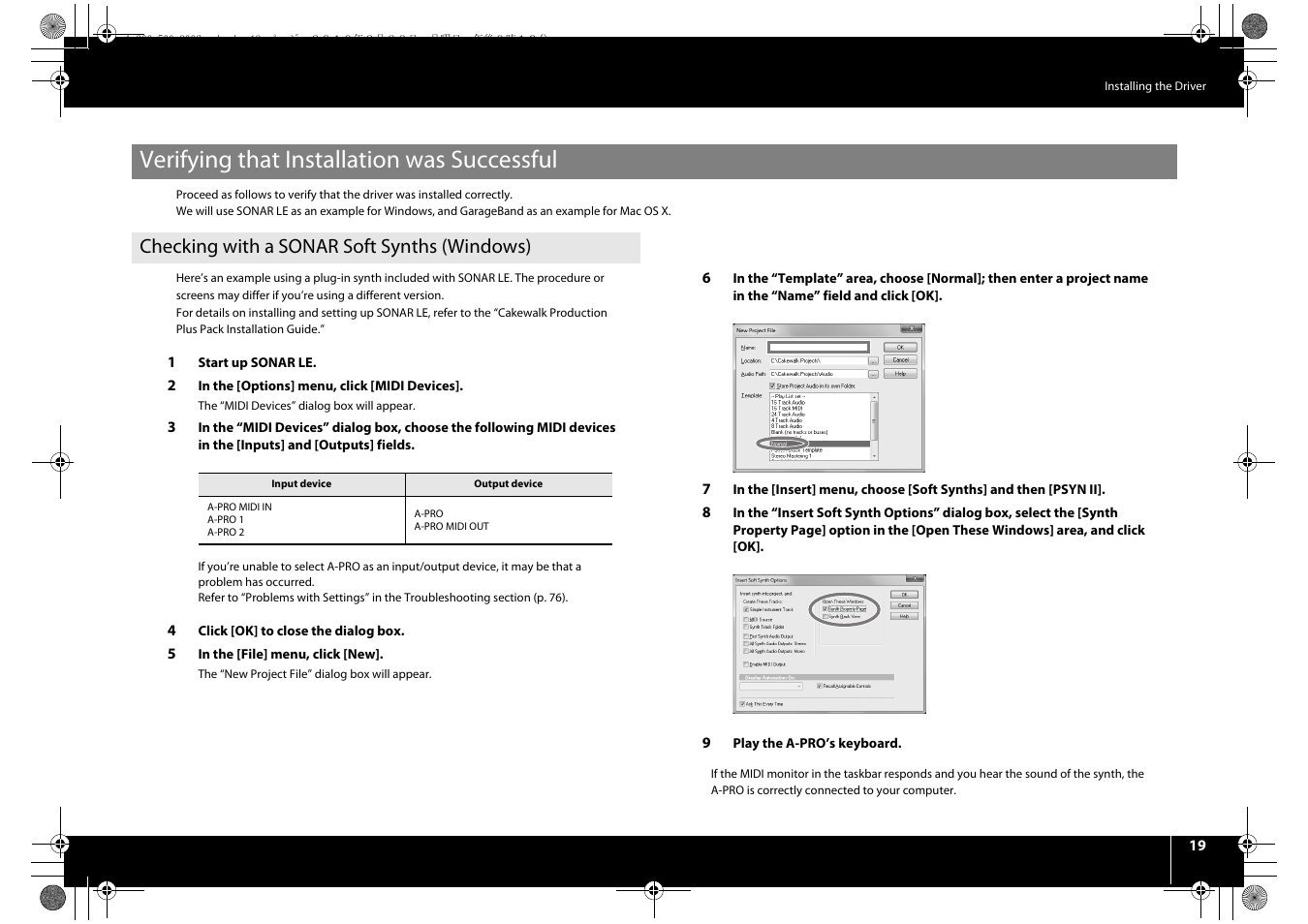 Verifying that installation was successful, Checking with a sonar soft synths (windows) | Roland cakewalk A-800PRO User Manual | Page 19 / 92