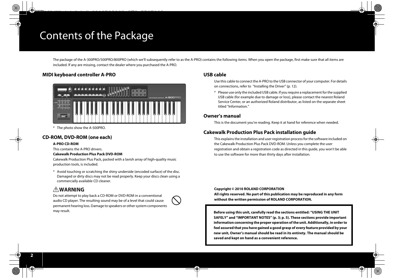 Contents of the package | Roland cakewalk A-800PRO User Manual | Page 2 / 92