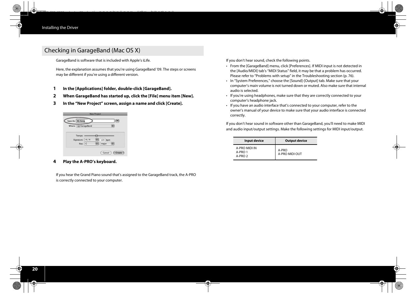 Checking in garageband (mac os x) | Roland cakewalk A-800PRO User Manual | Page 20 / 92