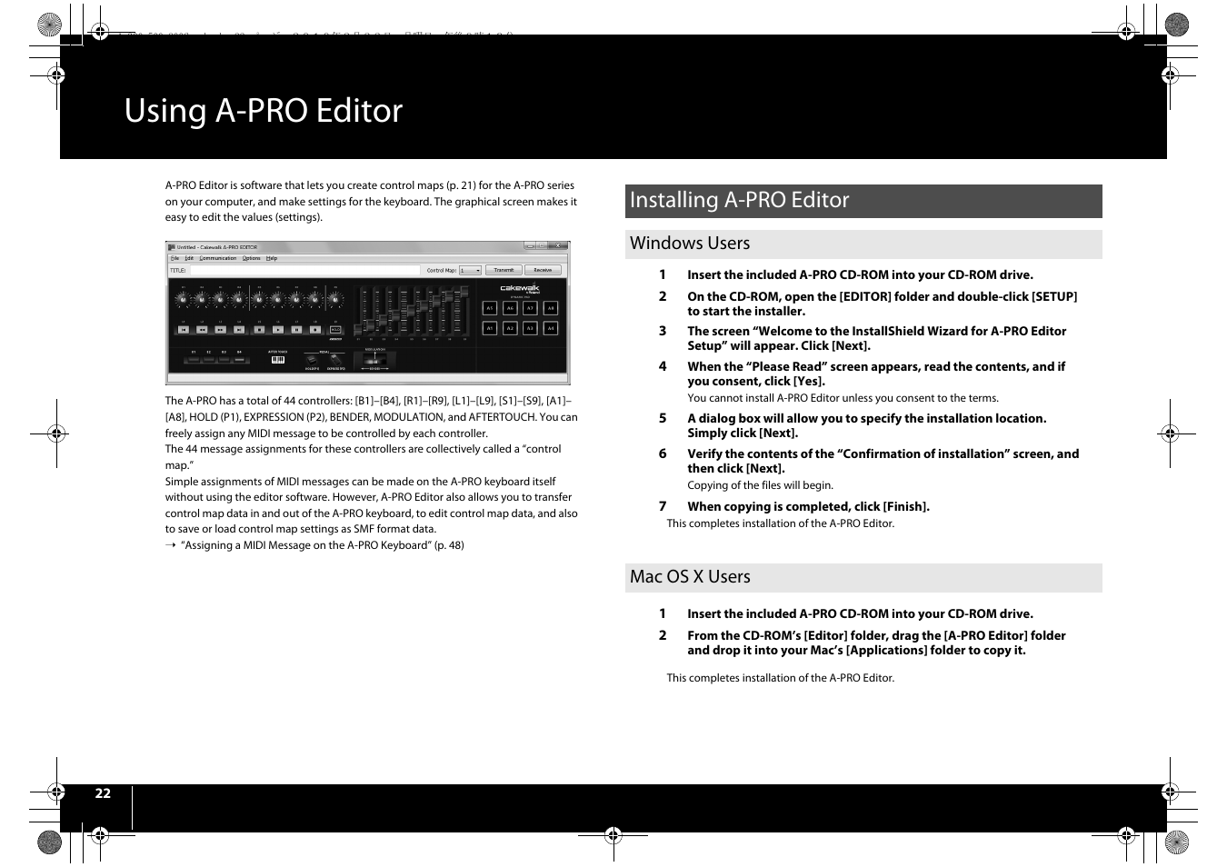 Using a-pro editor, Installing a-pro editor, Windows users | Mac os x users, Windows users mac os x users | Roland cakewalk A-800PRO User Manual | Page 22 / 92