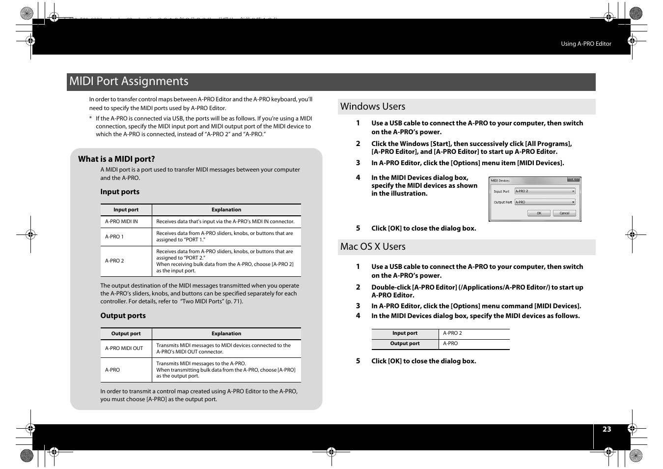 Midi port assignments, Windows users, Mac os x users | Windows users mac os x users | Roland cakewalk A-800PRO User Manual | Page 23 / 92