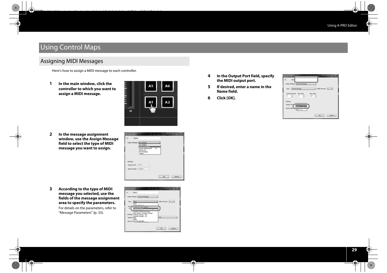 Using control maps, Assigning midi messages, Assigning midi messages” (p. 29) | Roland cakewalk A-800PRO User Manual | Page 29 / 92