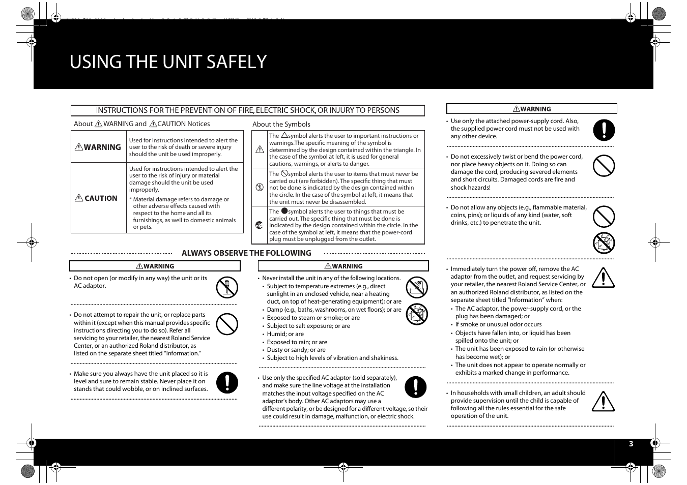 Using the unit safely | Roland cakewalk A-800PRO User Manual | Page 3 / 92