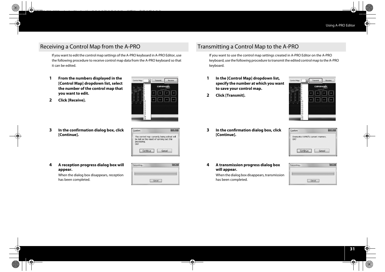 Receiving a control map from the a-pro, Transmitting a control map to the a-pro | Roland cakewalk A-800PRO User Manual | Page 31 / 92