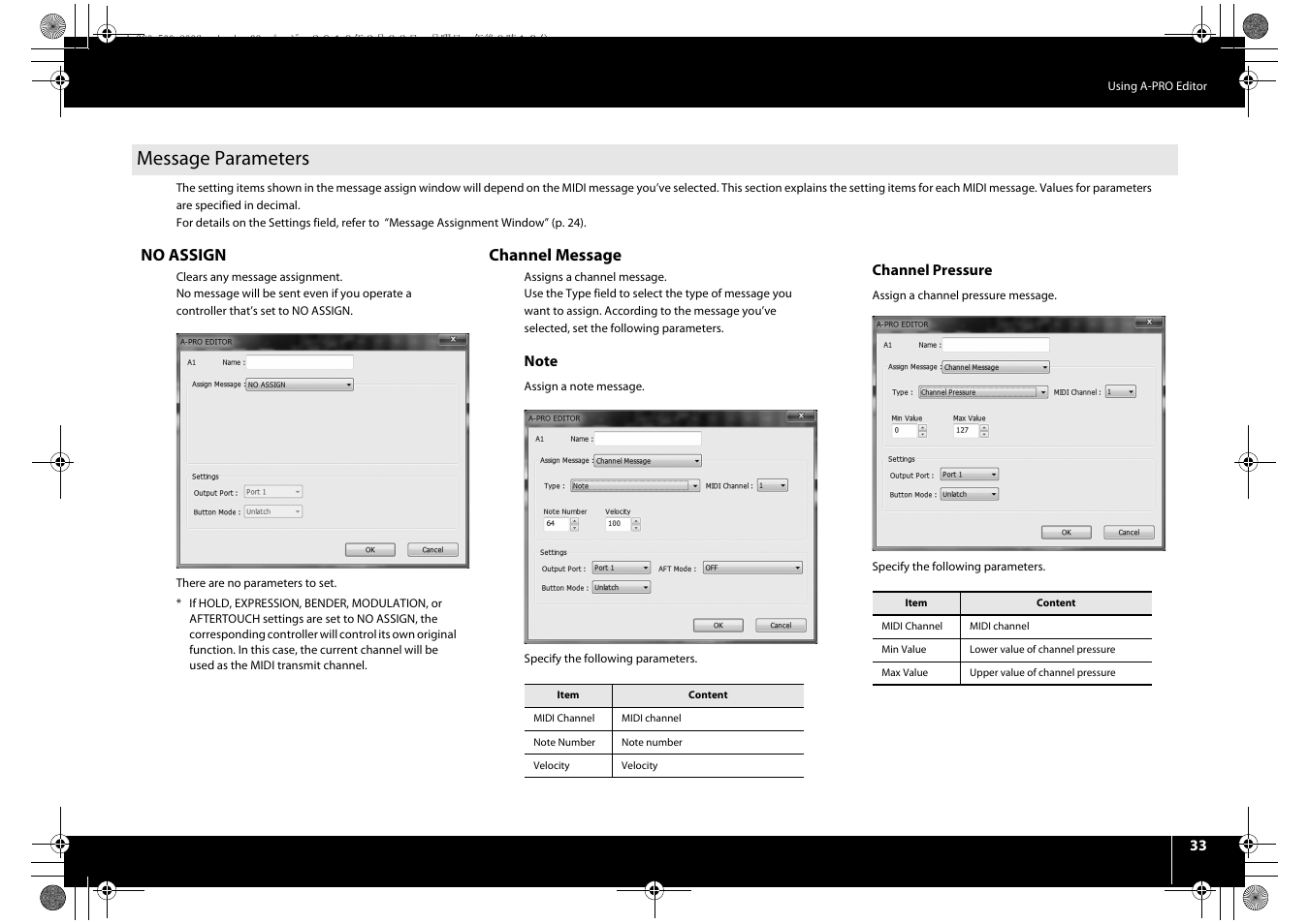 Message parameters, No assign, Channel message | Roland cakewalk A-800PRO User Manual | Page 33 / 92