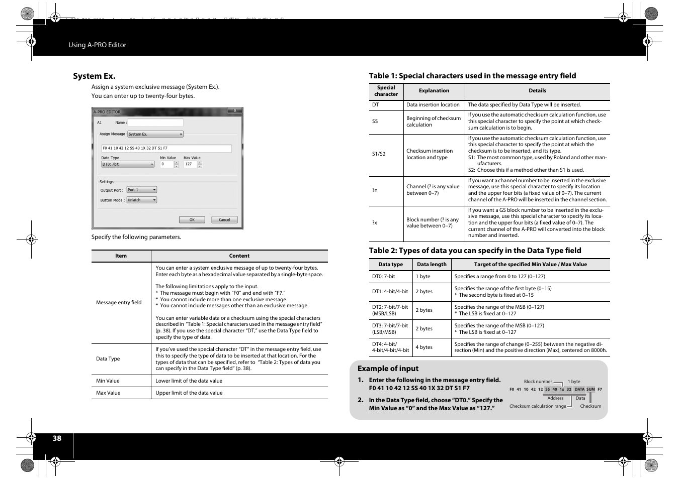 System ex, Example of input | Roland cakewalk A-800PRO User Manual | Page 38 / 92