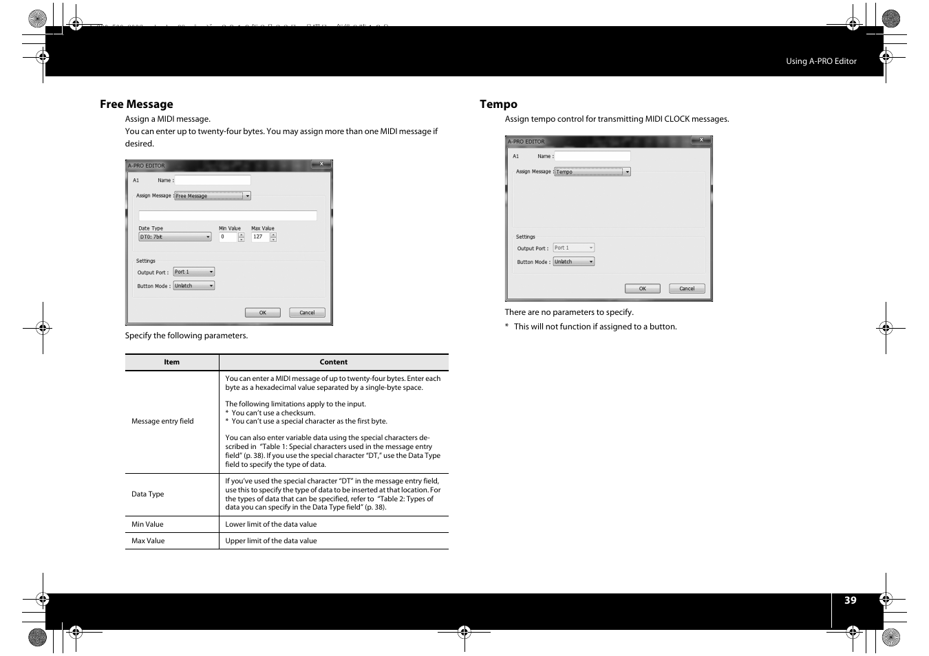 Free message, Tempo | Roland cakewalk A-800PRO User Manual | Page 39 / 92