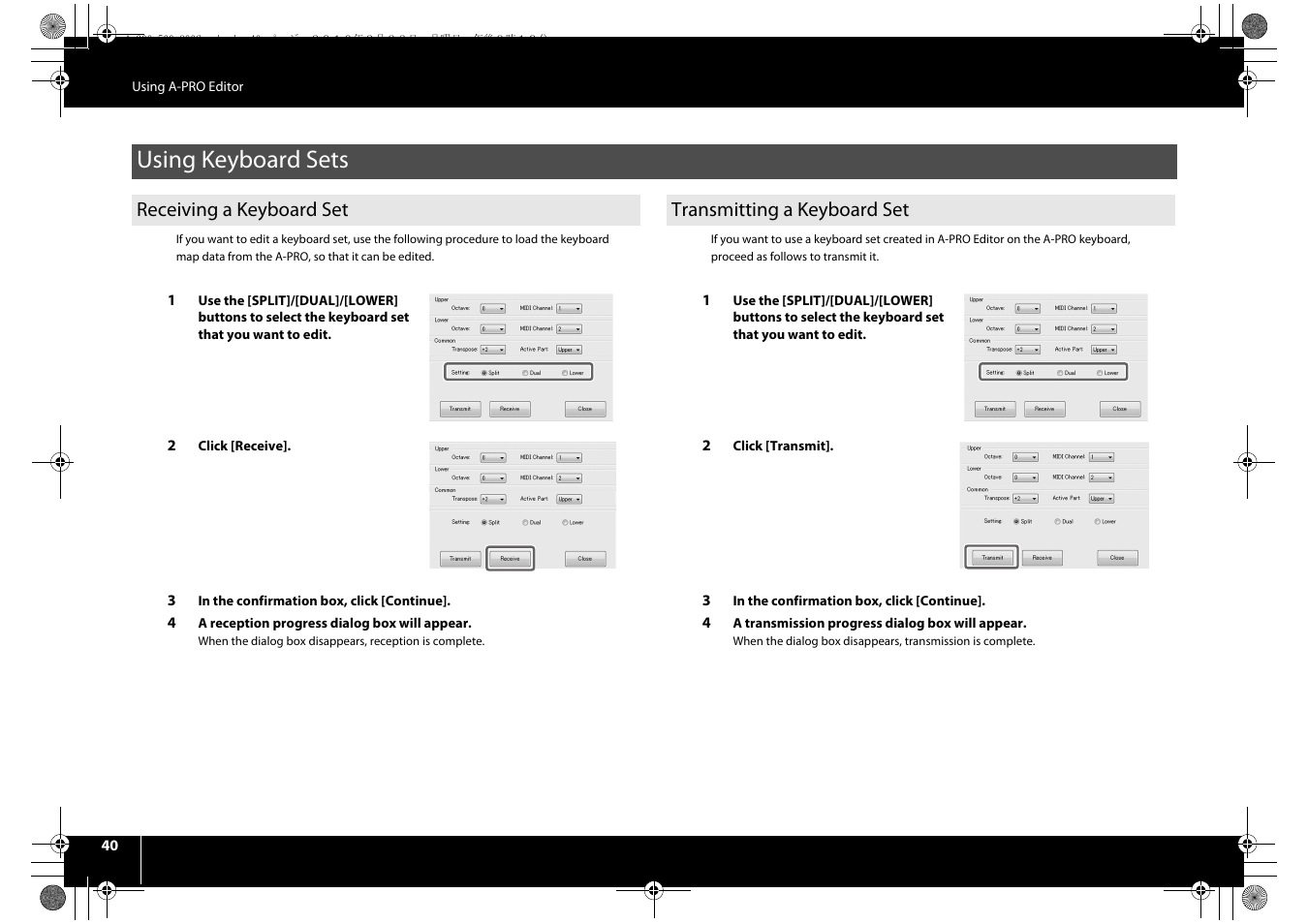 Using keyboard sets, Receiving a keyboard set, Transmitting a keyboard set | Roland cakewalk A-800PRO User Manual | Page 40 / 92