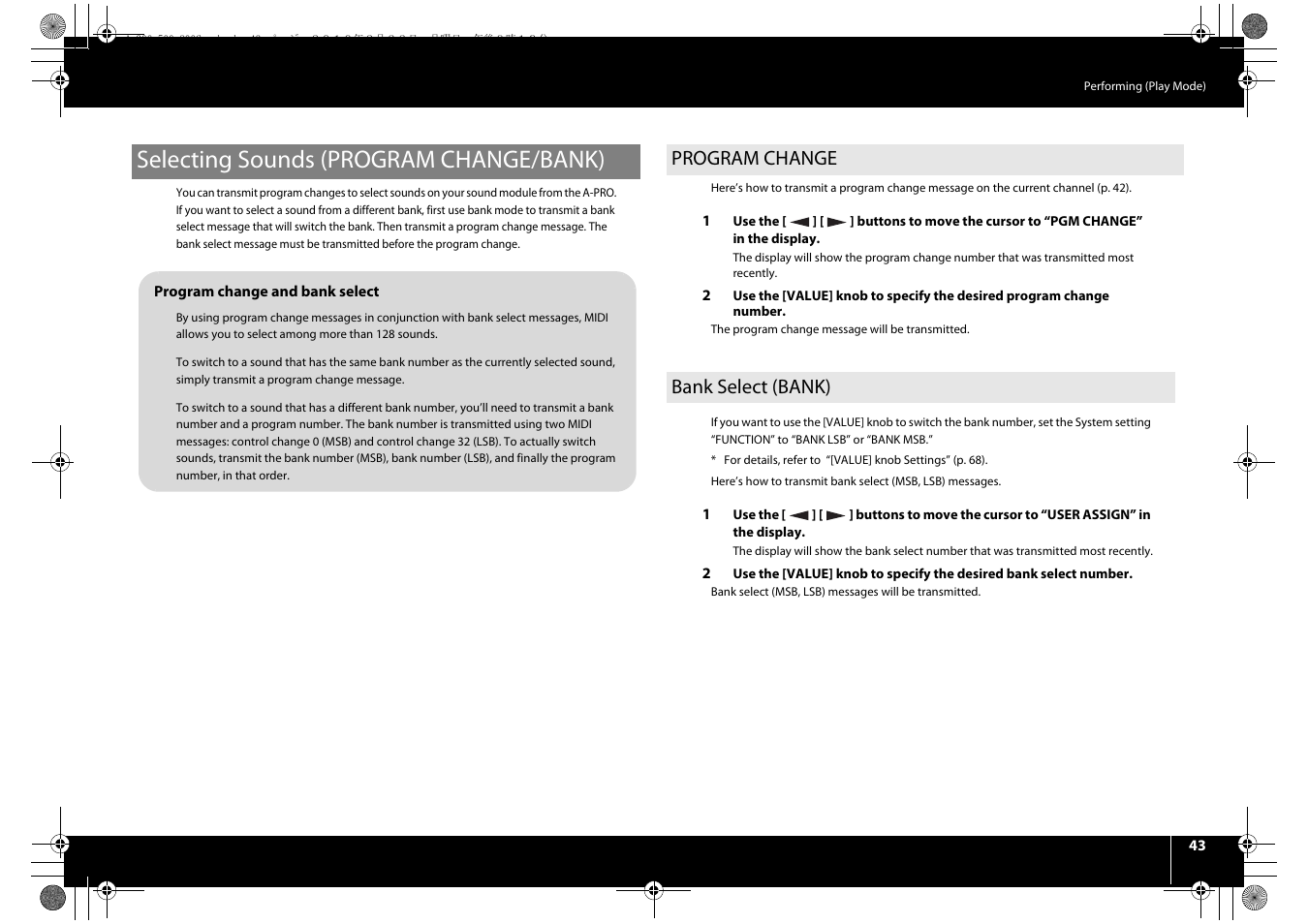 Selecting sounds (program change/bank), Program change, Bank select (bank) | Program change bank select (bank), Channel (p. 43) | Roland cakewalk A-800PRO User Manual | Page 43 / 92