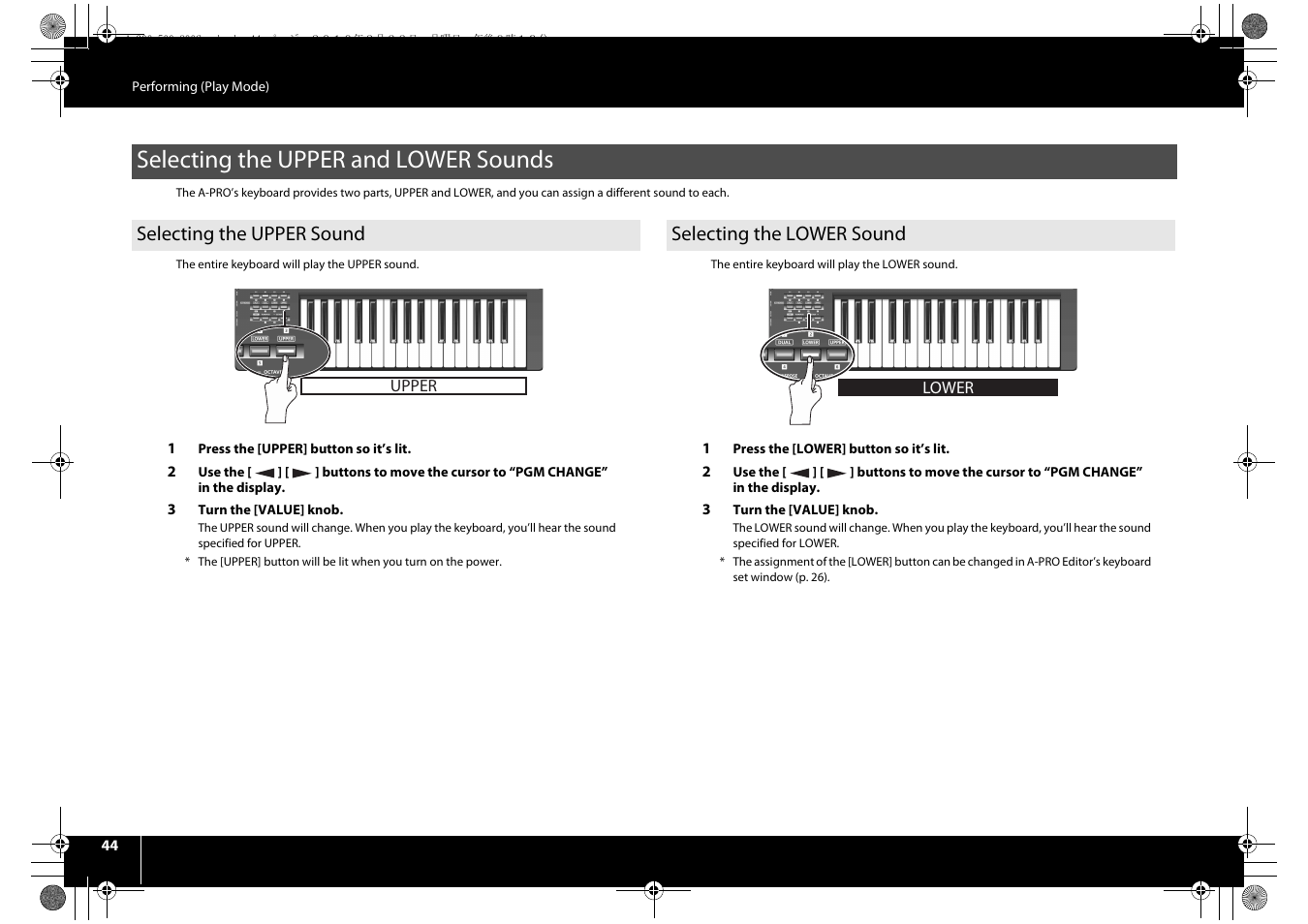 Selecting the upper and lower sounds, Selecting the upper sound, Selecting the lower sound | Roland cakewalk A-800PRO User Manual | Page 44 / 92