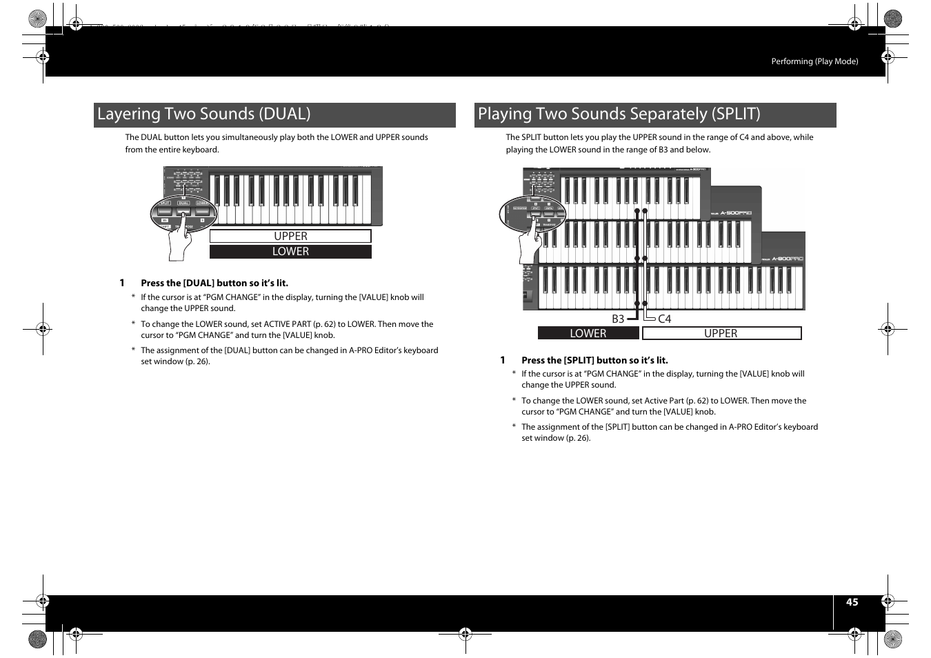 Layering two sounds (dual), Playing two sounds separately (split) | Roland cakewalk A-800PRO User Manual | Page 45 / 92