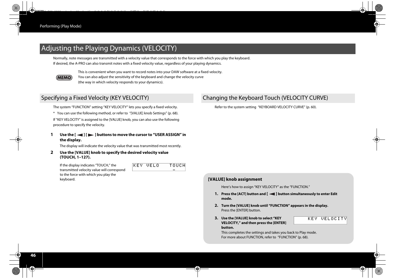 Adjusting the playing dynamics (velocity), Specifying a fixed velocity (key velocity), Changing the keyboard touch (velocity curve) | Roland cakewalk A-800PRO User Manual | Page 46 / 92