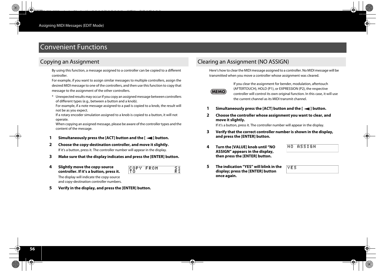 Convenient functions, Copying an assignment, Clearing an assignment (no assign) | P. 56 | Roland cakewalk A-800PRO User Manual | Page 56 / 92