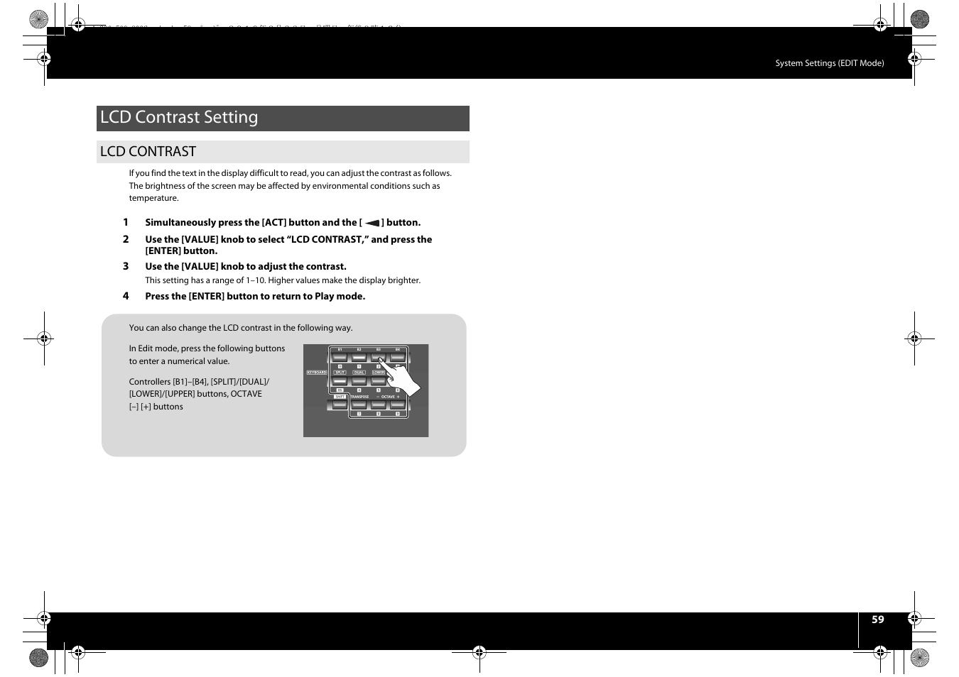 Lcd contrast setting, Lcd contrast, P. 59 | Roland cakewalk A-800PRO User Manual | Page 59 / 92