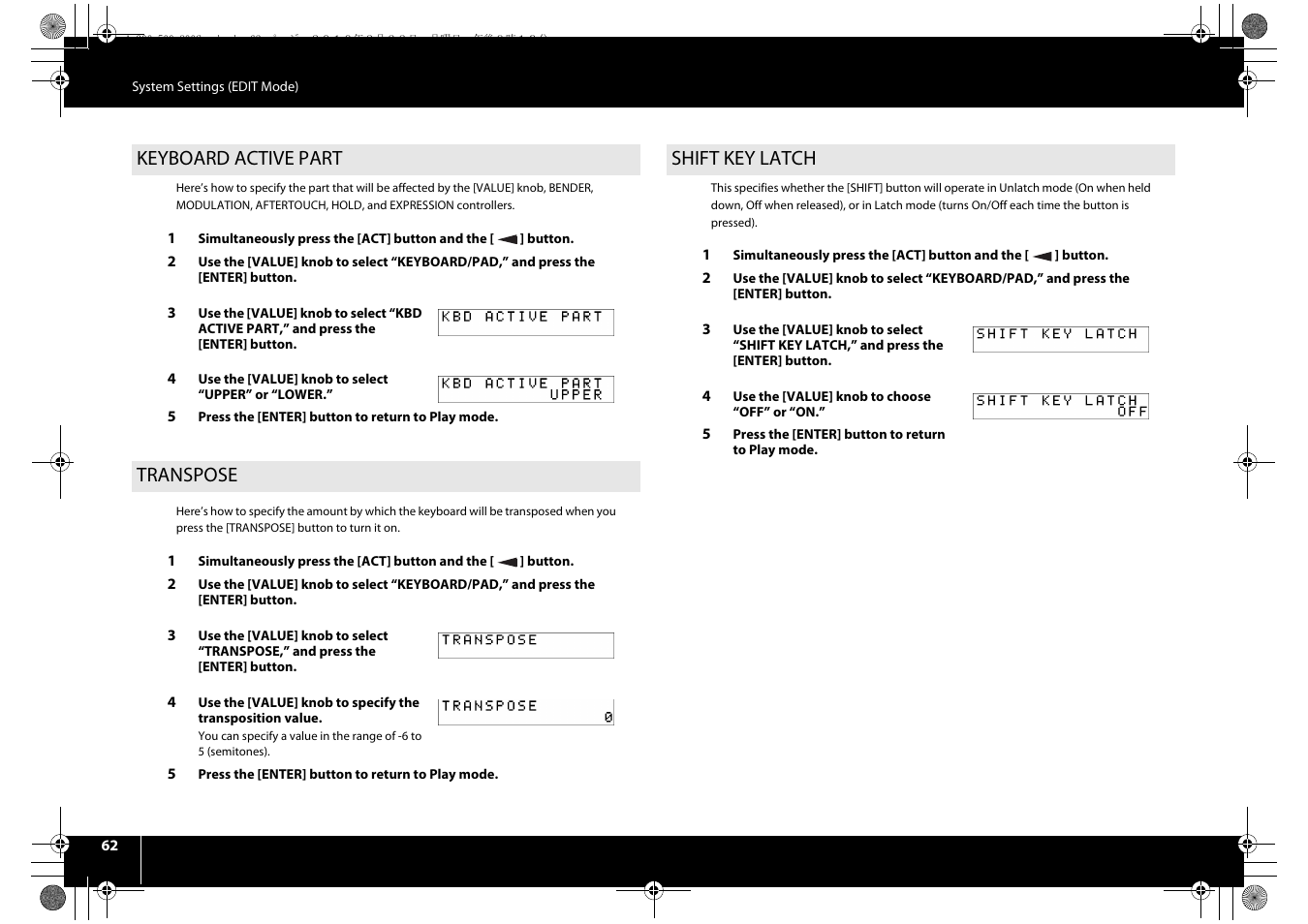 Keyboard active part, Transpose, Shift key latch | Keyboard active part transpose shift key latch, Transpose” (p. 62), Tting (p. 62), Part (p. 62) to lower. then move the, Set active part (p. 62), P. 62 | Roland cakewalk A-800PRO User Manual | Page 62 / 92