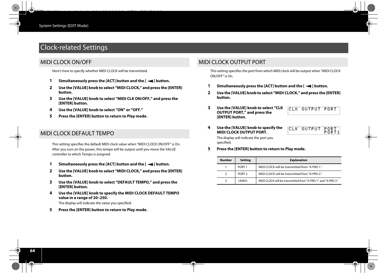 Clock-related settings, Midi clock on/off, Midi clock default tempo | Midi clock output port, P. 64 | Roland cakewalk A-800PRO User Manual | Page 64 / 92