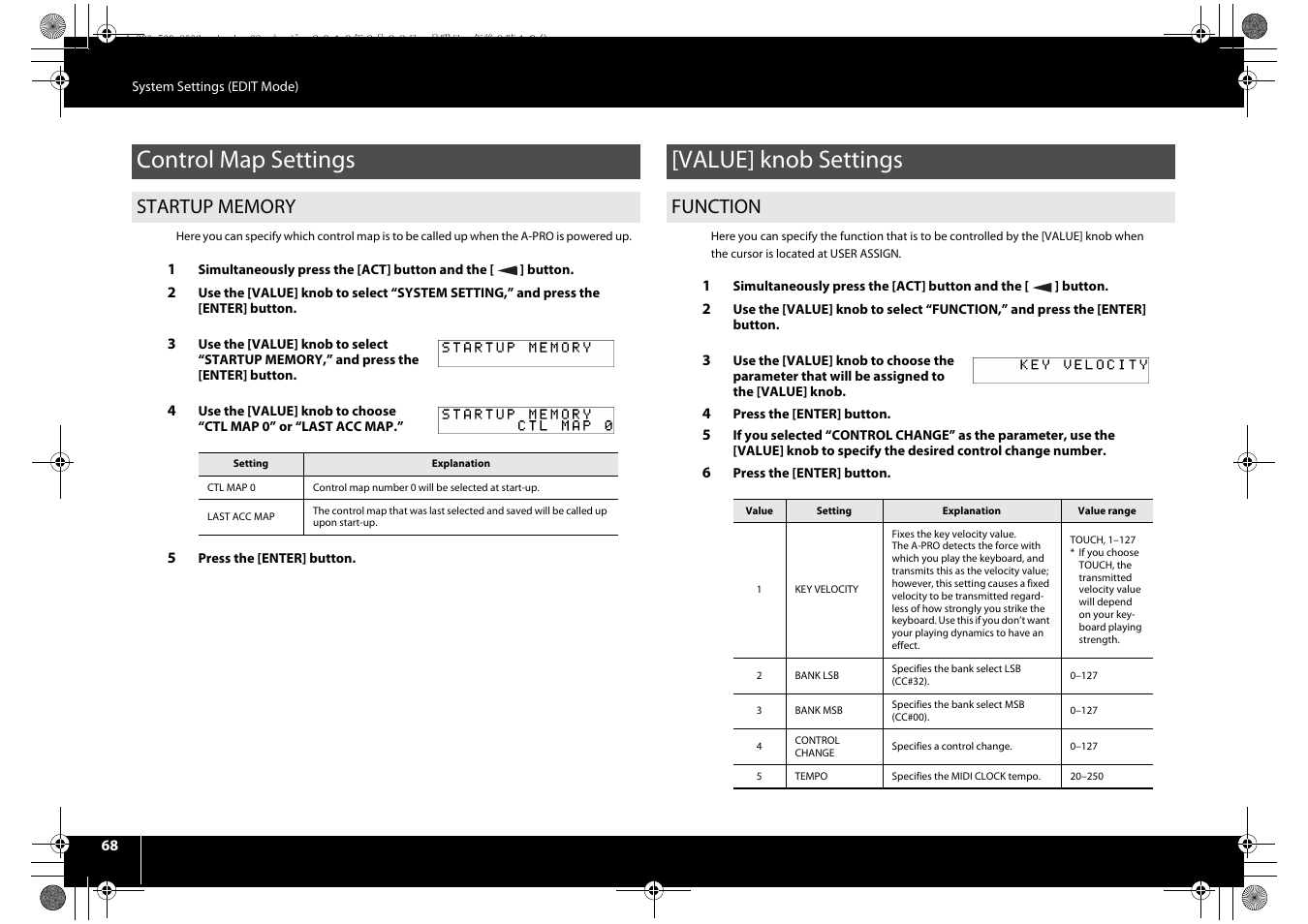 Control map settings, Startup memory, Value] knob settings | Function, Assigned parameter (p. 68), P. 68 | Roland cakewalk A-800PRO User Manual | Page 68 / 92