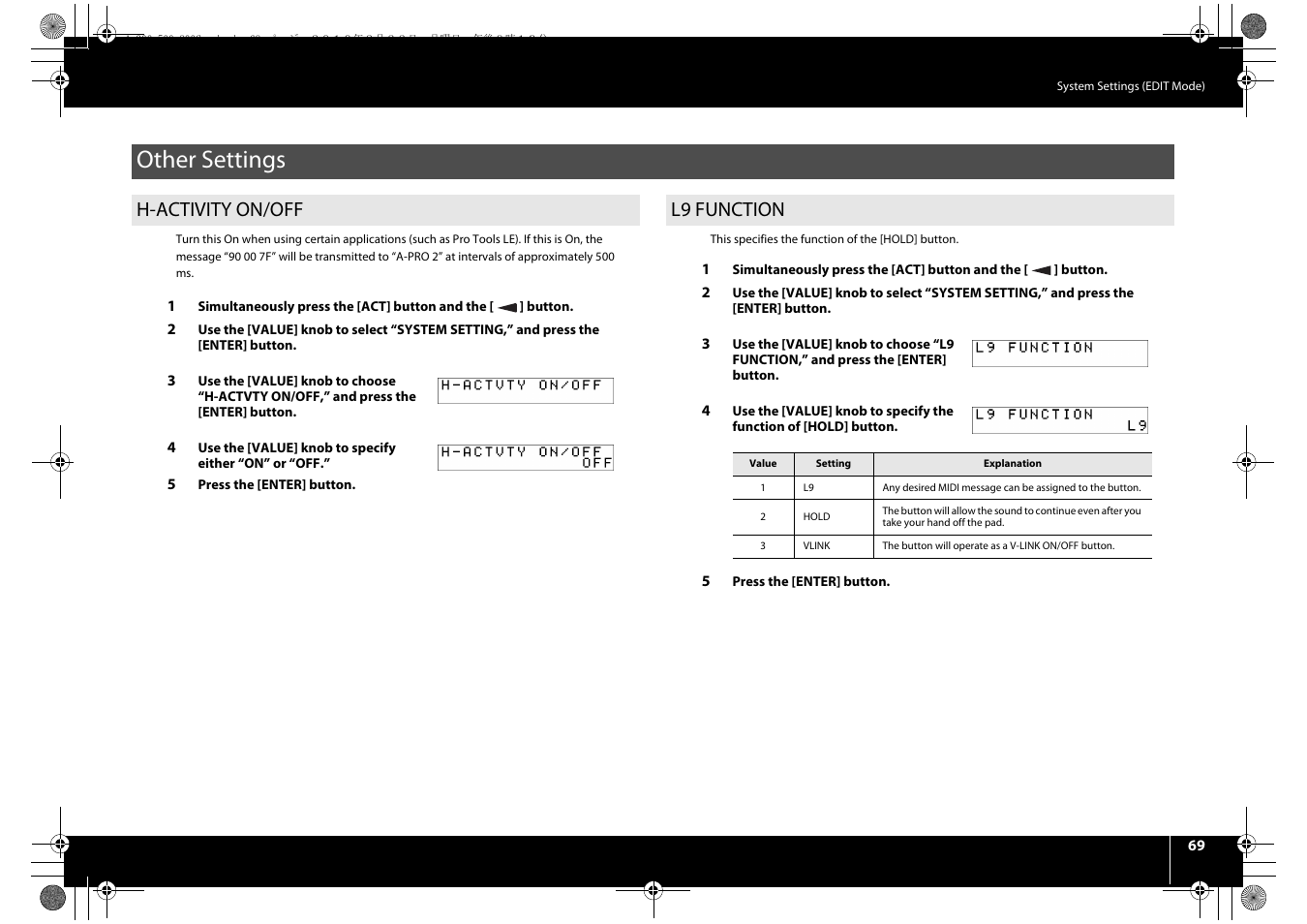 Other settings, H-activity on/off, L9 function | H-activity on/off l9 function, L9 function” (p. 69), P. 69 | Roland cakewalk A-800PRO User Manual | Page 69 / 92