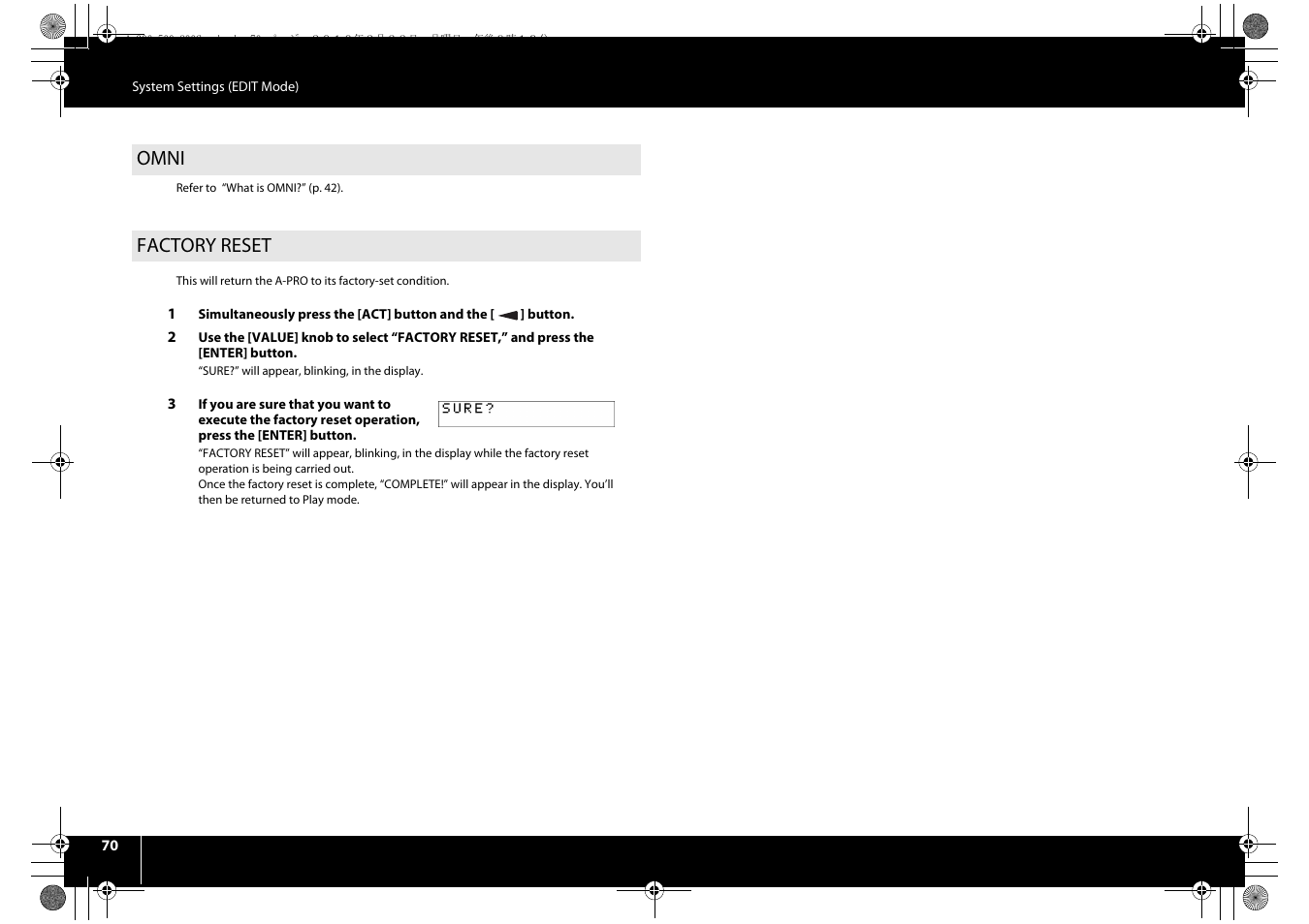 Omni, Factory reset, Omni factory reset | P. 70 | Roland cakewalk A-800PRO User Manual | Page 70 / 92