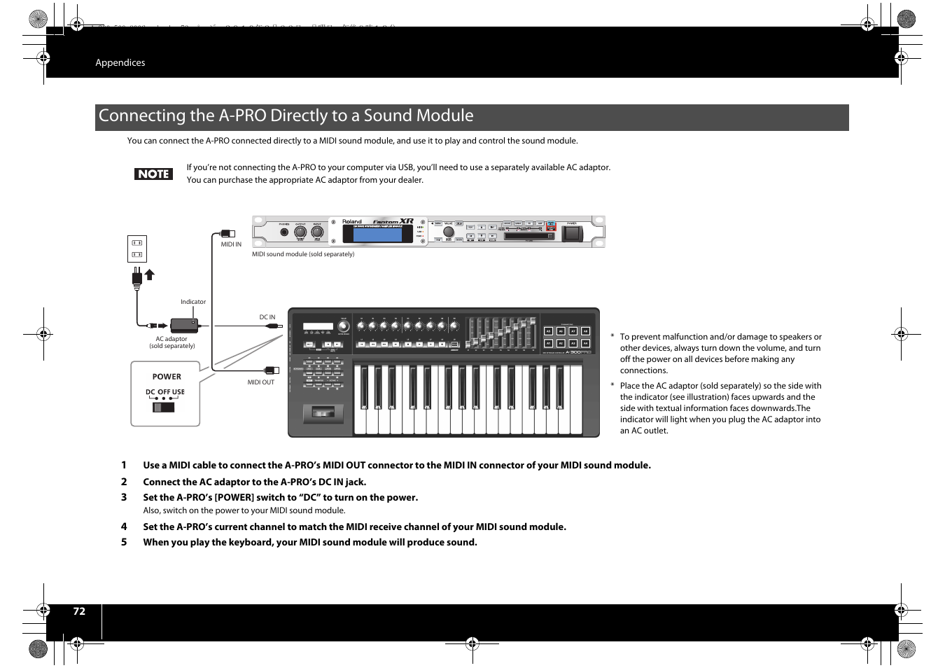 Connecting the a-pro directly to a sound module | Roland cakewalk A-800PRO User Manual | Page 72 / 92