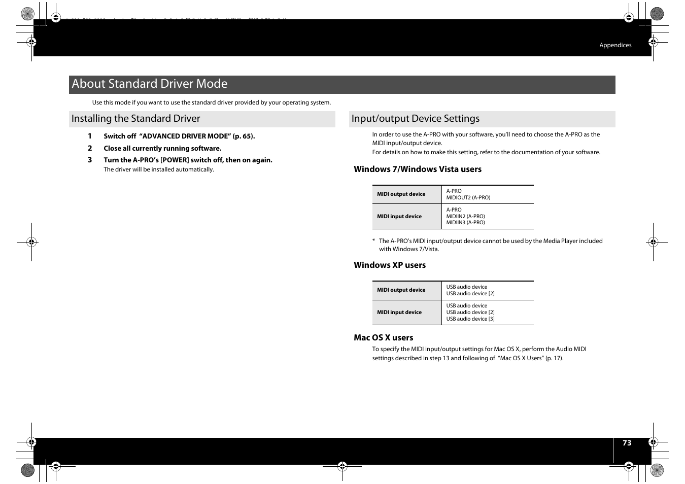 About standard driver mode, Installing the standard driver, Input/output device settings | Roland cakewalk A-800PRO User Manual | Page 73 / 92