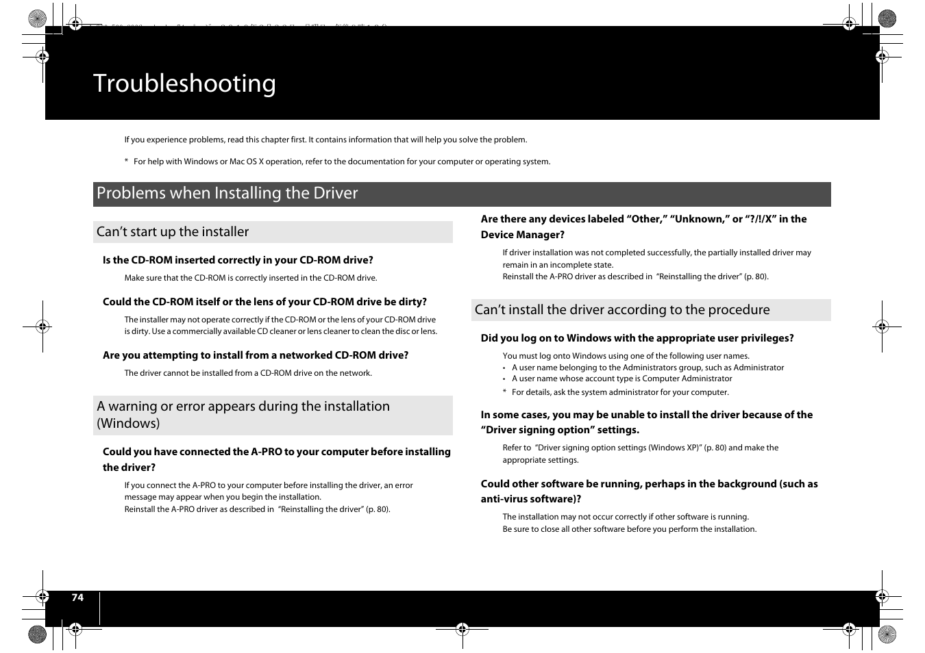 Troubleshooting, Problems when installing the driver | Roland cakewalk A-800PRO User Manual | Page 74 / 92