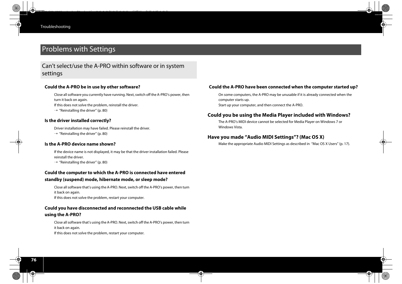 Problems with settings | Roland cakewalk A-800PRO User Manual | Page 76 / 92