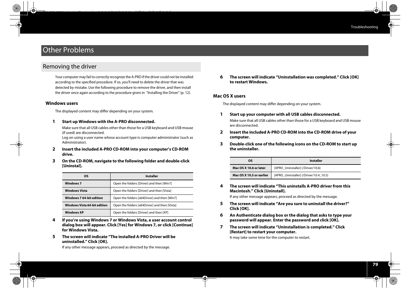 Other problems, Removing the driver | Roland cakewalk A-800PRO User Manual | Page 79 / 92