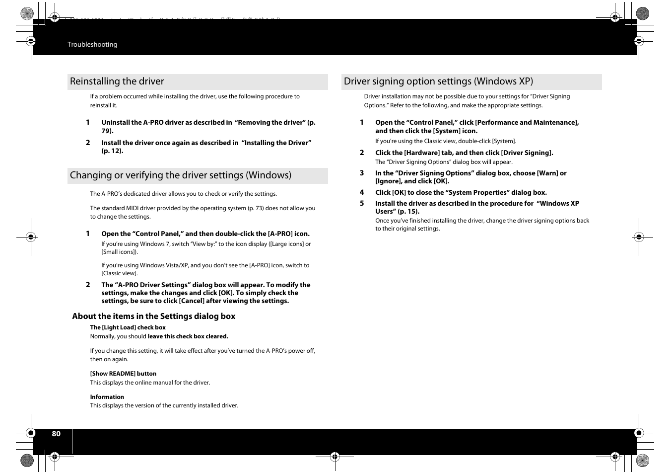 Reinstalling the driver” (p. 80) | Roland cakewalk A-800PRO User Manual | Page 80 / 92