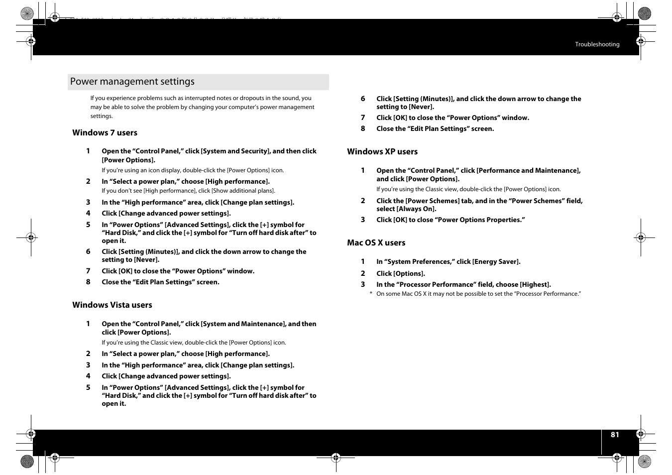 Power management settings” (p. 81), Power management settings | Roland cakewalk A-800PRO User Manual | Page 81 / 92