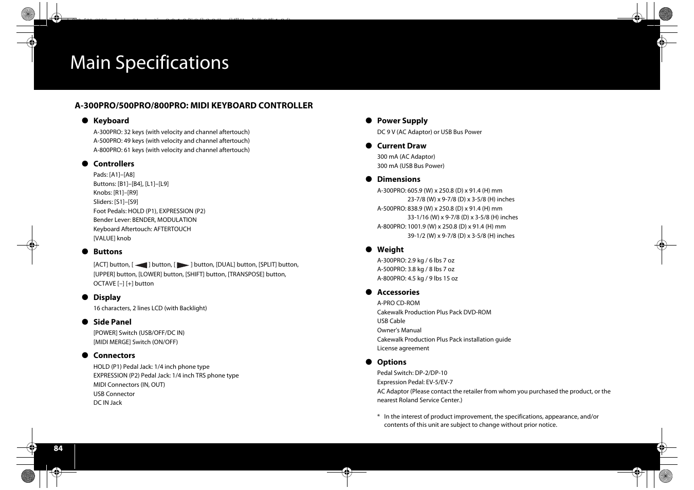 Main specifications | Roland cakewalk A-800PRO User Manual | Page 84 / 92