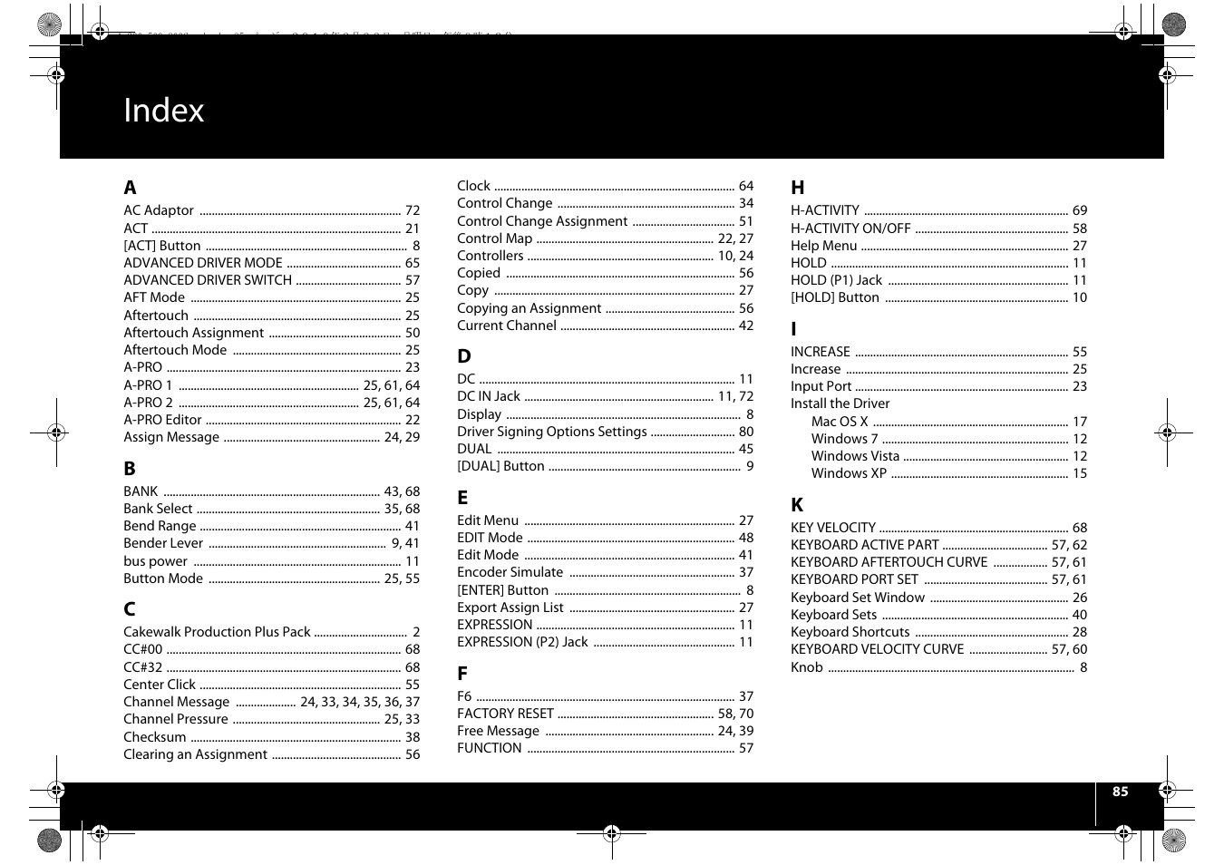 Index | Roland cakewalk A-800PRO User Manual | Page 85 / 92