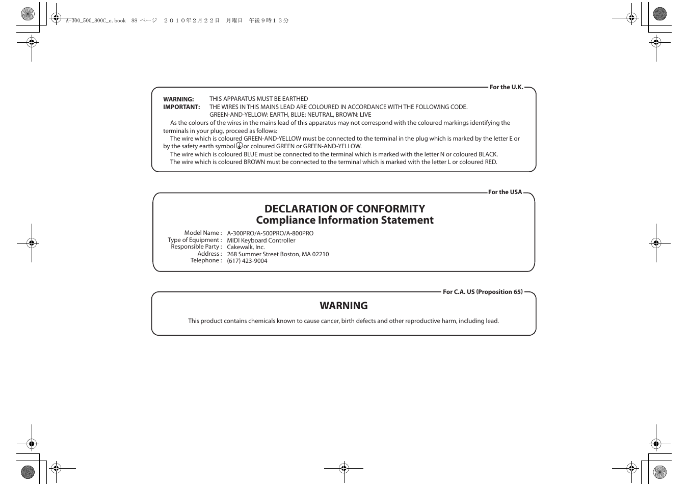 Warning | Roland cakewalk A-800PRO User Manual | Page 88 / 92