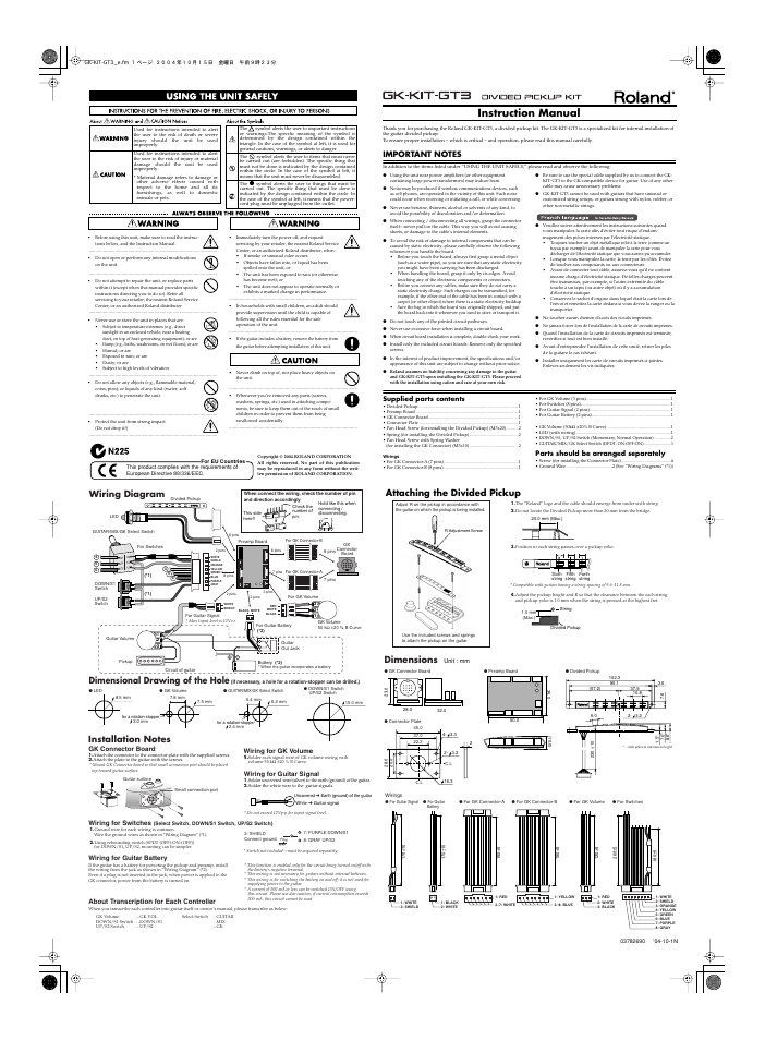 Instruction manual, Dimensions, Attaching the divided pickup | Dimensional drawing of the hole, Wiring diagram | Roland GK-KIT-GT3 User Manual | Page 3 / 4