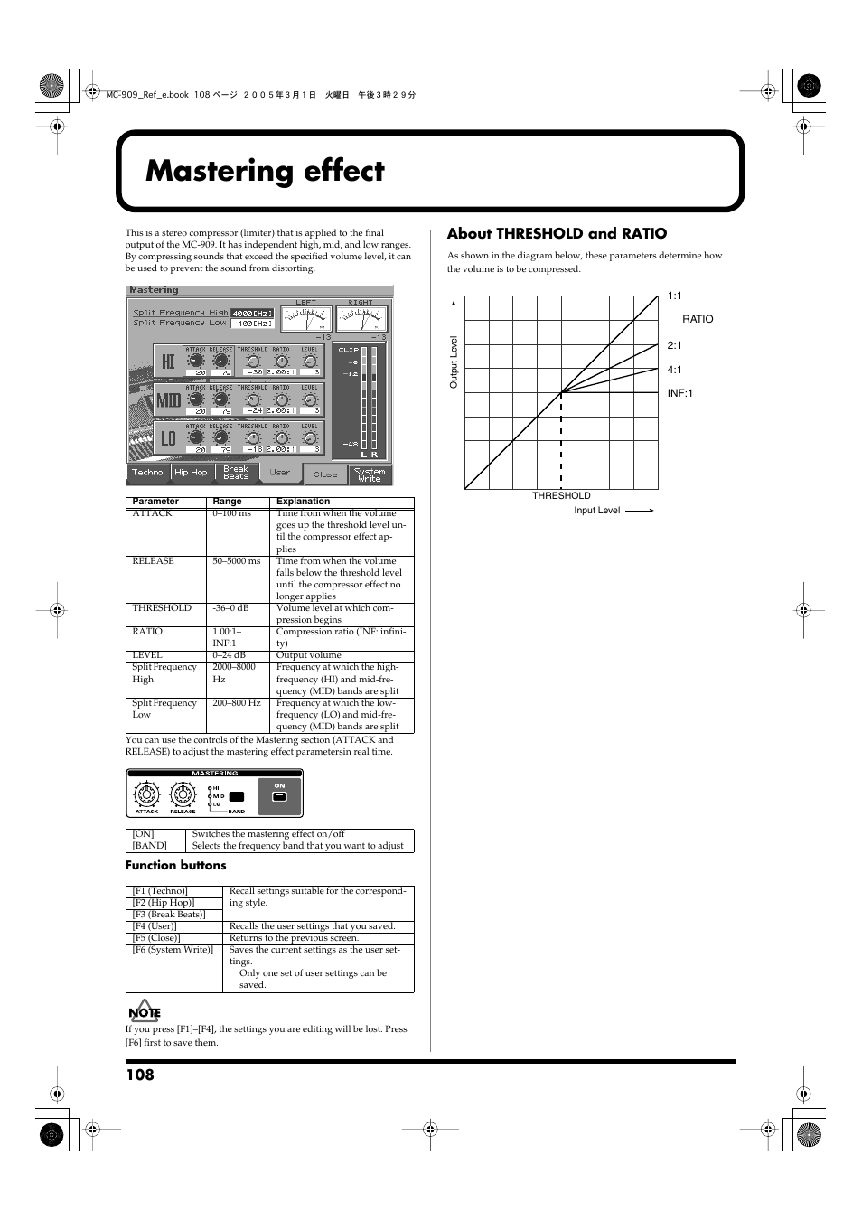 Mastering effect, Applies a mastering effect (compressor) (p. 108), Fect (p. 108) | Make settings for the mastering effect (p. 108), About threshold and ratio | Roland MC-909 User Manual | Page 108 / 180