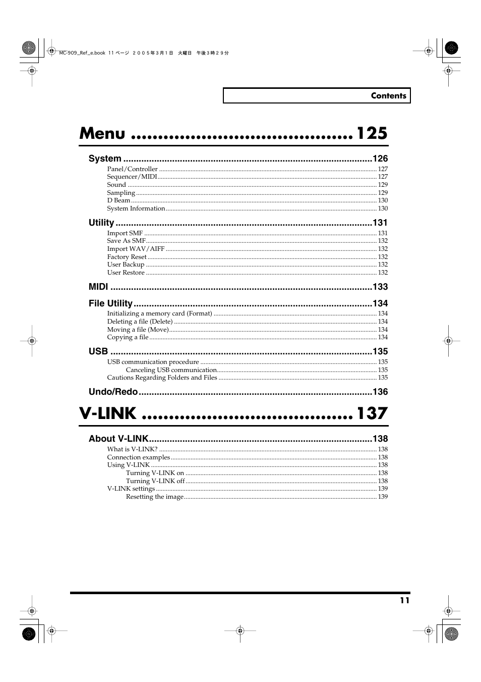 Menu, V-link | Roland MC-909 User Manual | Page 11 / 180