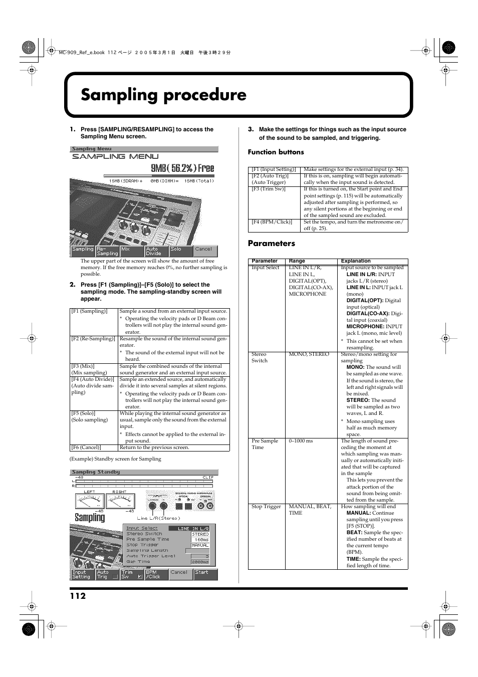 Sampling procedure, Screen (p. 112), Appear (p. 112) | Parameters | Roland MC-909 User Manual | Page 112 / 180