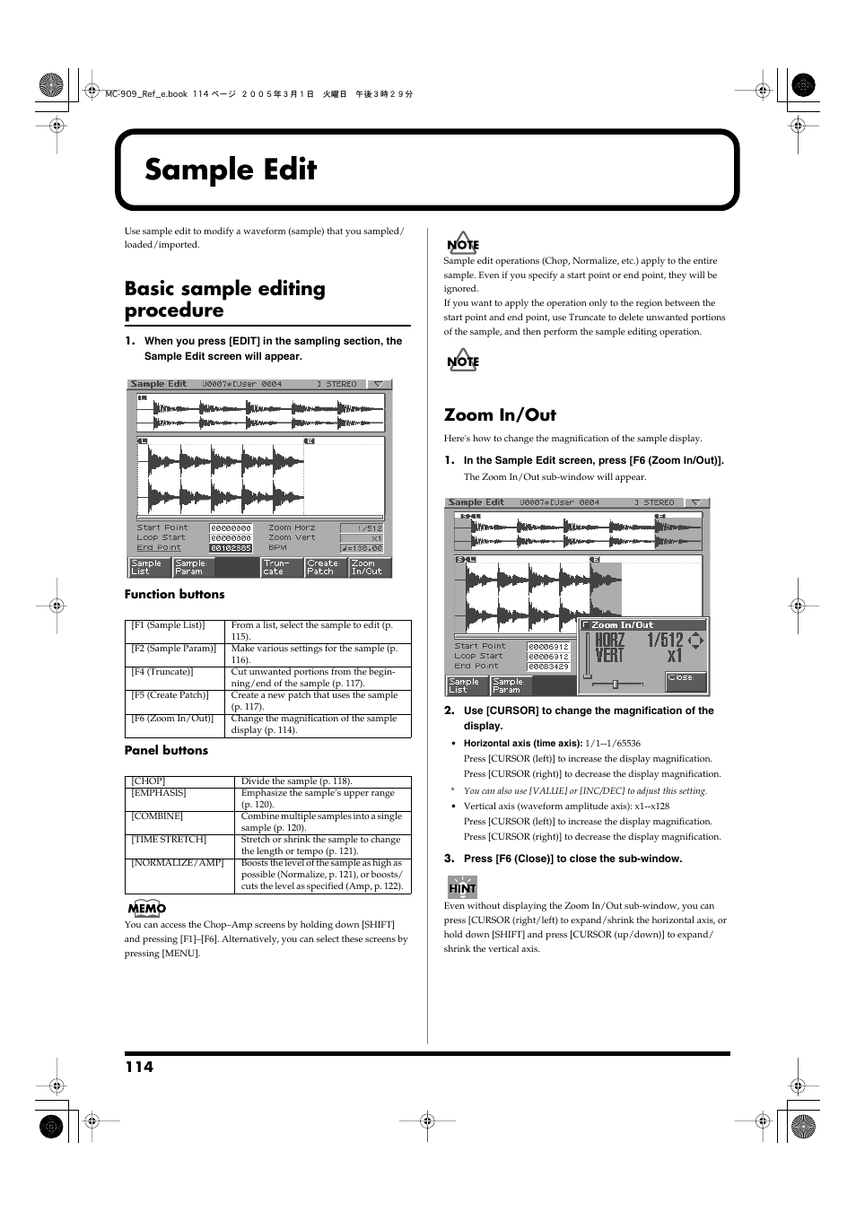 Sample edit, Basic sample editing procedure, Zoom in/out | Screen (p. 114), Pear (p. 114), The sample edit (p. 114) screen will appear | Roland MC-909 User Manual | Page 114 / 180