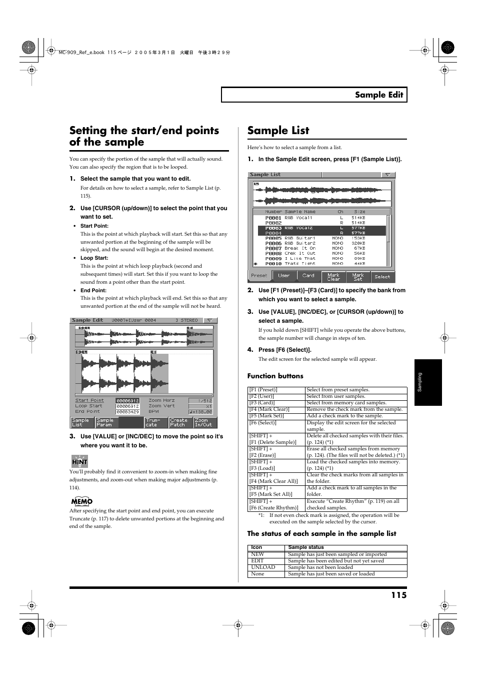 Setting the start/end points of the sample, Sample list, From a list, select the sample to edit (p. 115) | 115 sample edit | Roland MC-909 User Manual | Page 115 / 180