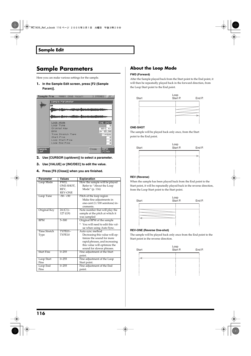 Sample parameters, Make various settings for the sample (p. 116), 116 sample edit | About the loop mode | Roland MC-909 User Manual | Page 116 / 180