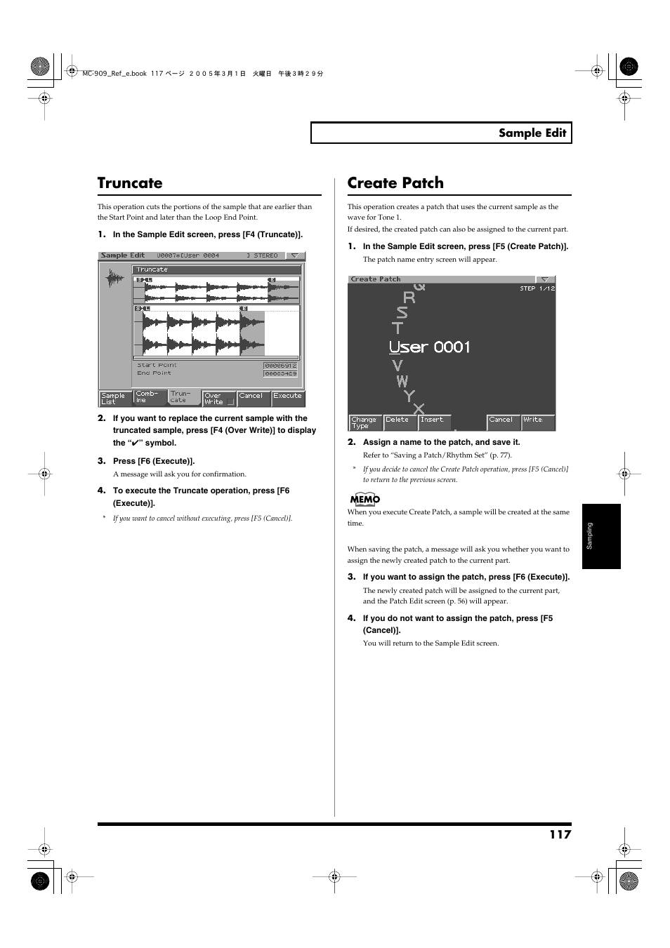 Truncate, Create patch, Truncate create patch | Ning/end of the sample (p. 117), P. 117), 117 sample edit | Roland MC-909 User Manual | Page 117 / 180