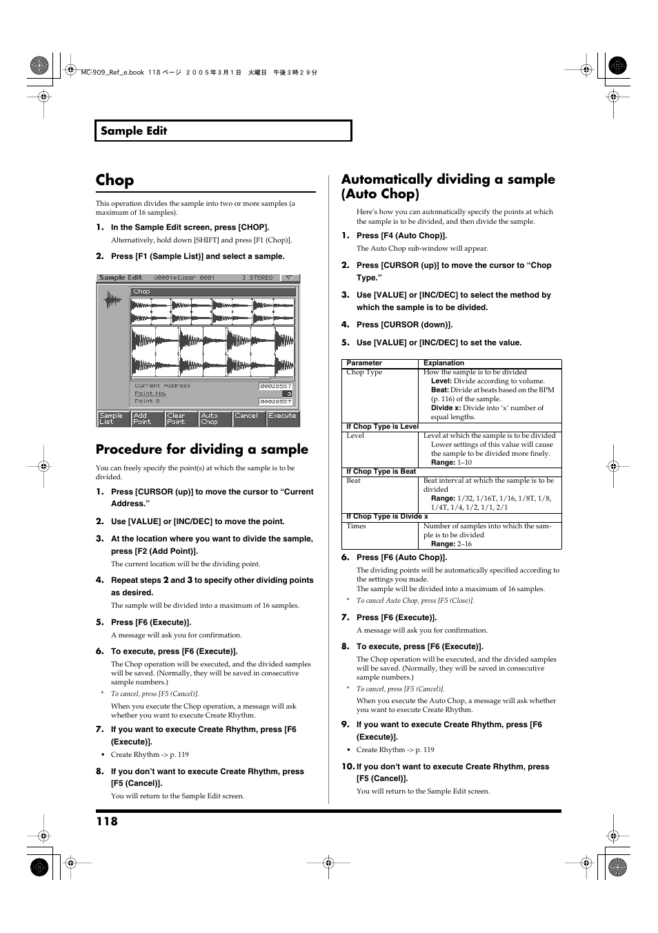 Chop, Procedure for dividing a sample, Automatically dividing a sample (auto chop) | Divides a sample (p. 118), Divide the sample (p. 118), 118 sample edit | Roland MC-909 User Manual | Page 118 / 180