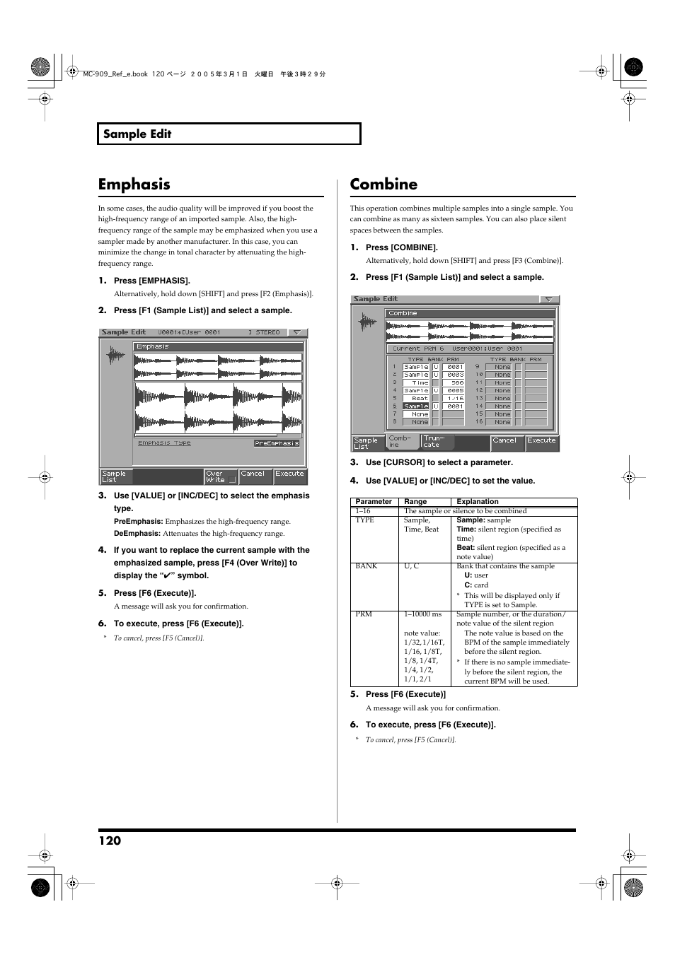 Emphasis, Combine, Emphasis combine | Range (p. 120), Into a single sample (p. 120), P. 120), Sample (p. 120), 120 sample edit | Roland MC-909 User Manual | Page 120 / 180