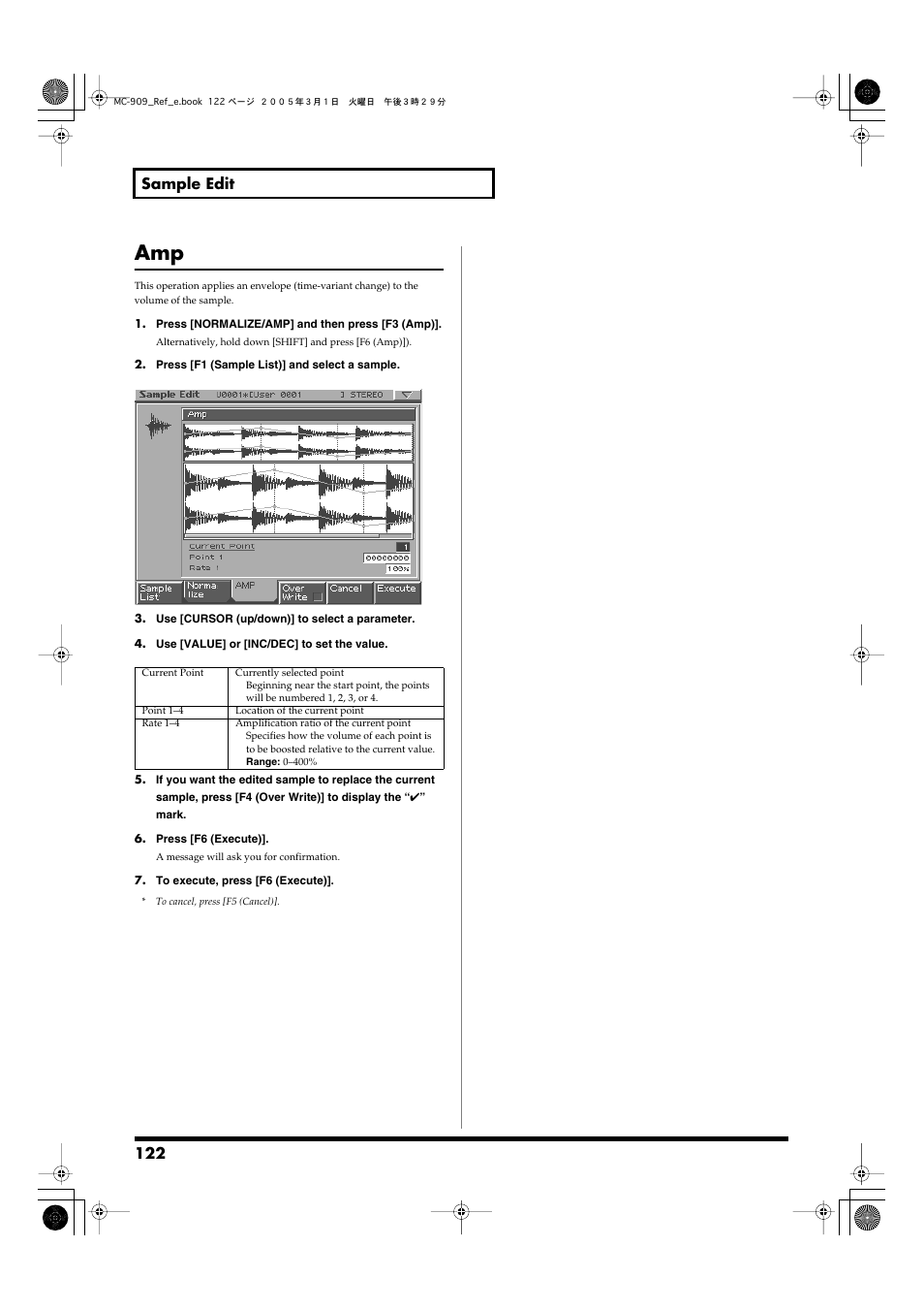 As specified (amp, p. 122), Cuts the level as specified (amp, p. 122), 122 sample edit | Roland MC-909 User Manual | Page 122 / 180