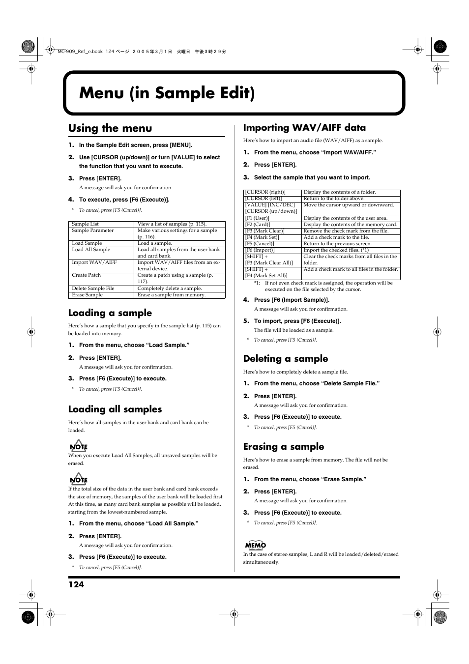 Menu (in sample edit), Using the menu, Loading a sample | Loading all samples, Importing wav/aiff data, Deleting a sample, Erasing a sample, P. 124) (*1), P. 124). (the files will not be deleted.) (*1) | Roland MC-909 User Manual | Page 124 / 180