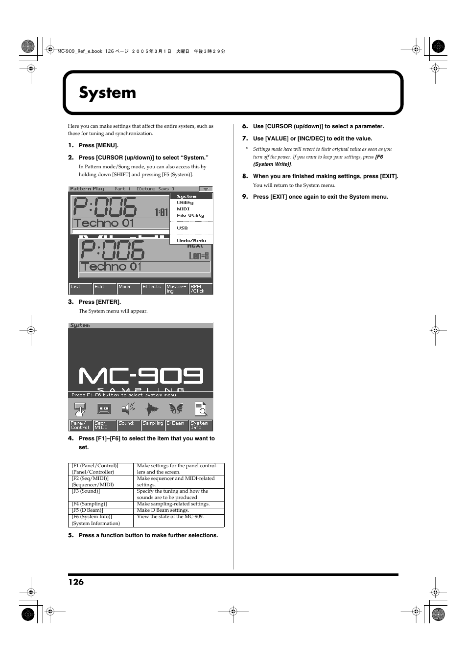 System, Tire mc-909 (p. 126) | Roland MC-909 User Manual | Page 126 / 180