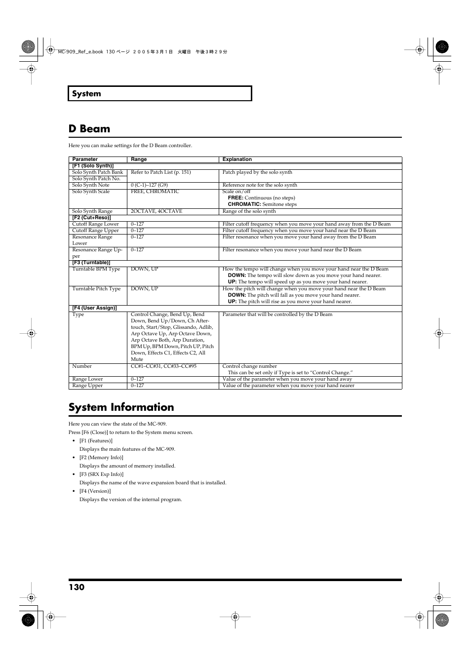 D beam, System information, D beam system information | You can change the pitch range (p. 130), 130 system | Roland MC-909 User Manual | Page 130 / 180