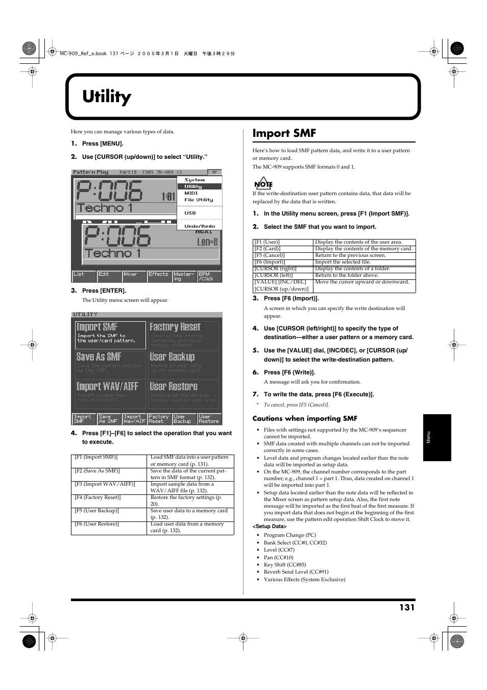 Utility, Import smf, Open the utility menu (p. 131) | Roland MC-909 User Manual | Page 131 / 180