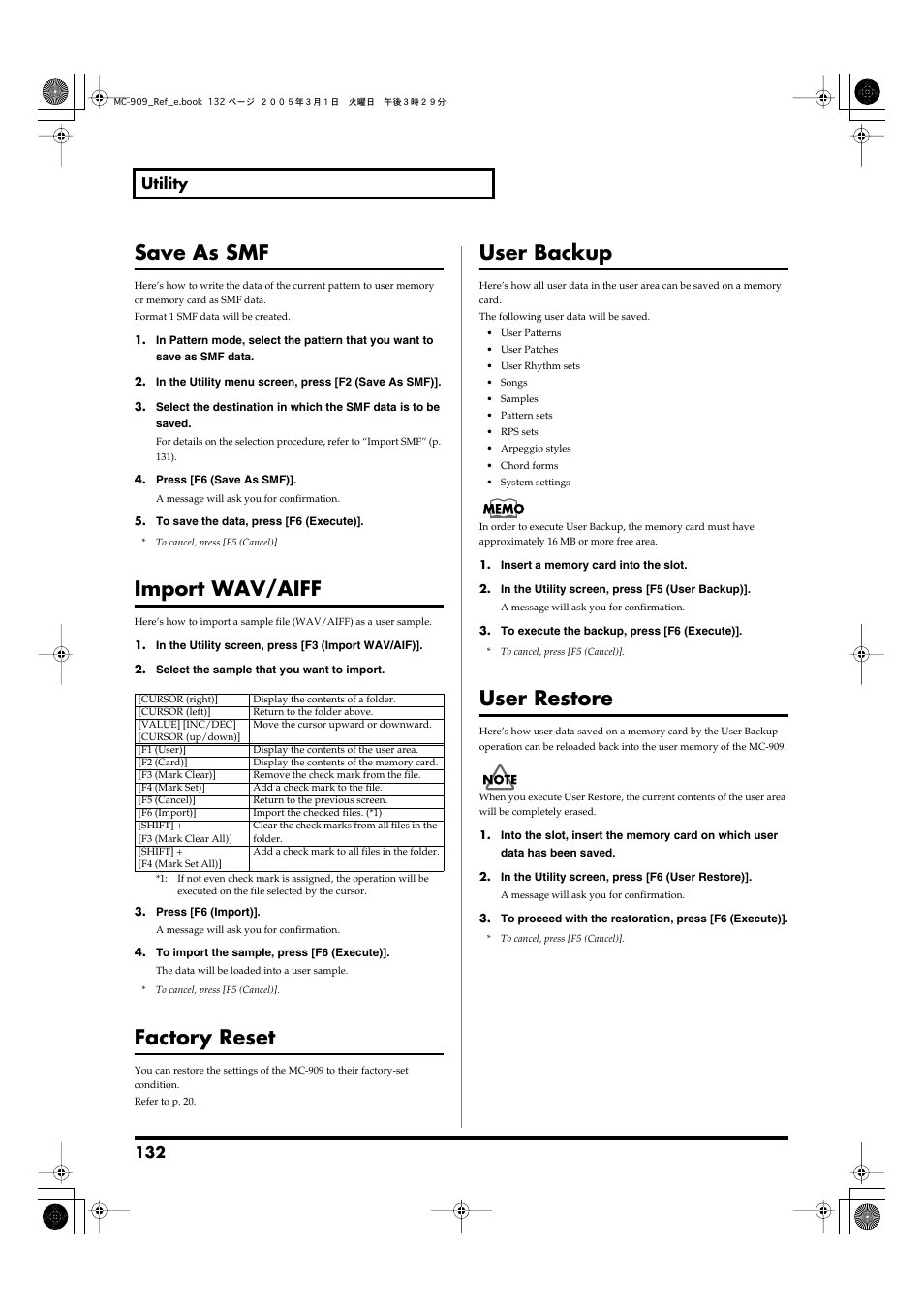 Save as smf, Import wav/aiff, Factory reset | User backup, User restore, Tern in smf format (p. 132), Wav/aiff file (p. 132), P. 132), Card (p. 132), 132 utility | Roland MC-909 User Manual | Page 132 / 180